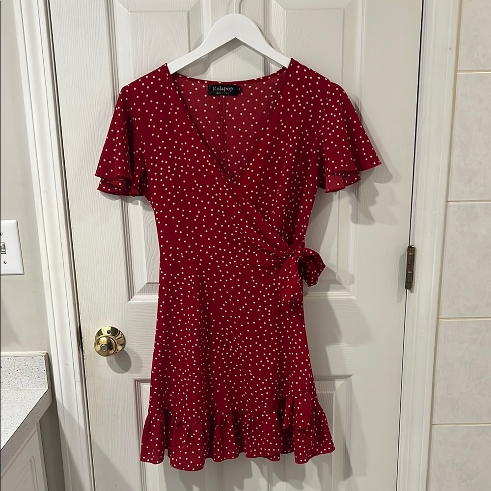 SHEIN Red and White Ruffled Wrap Sundress